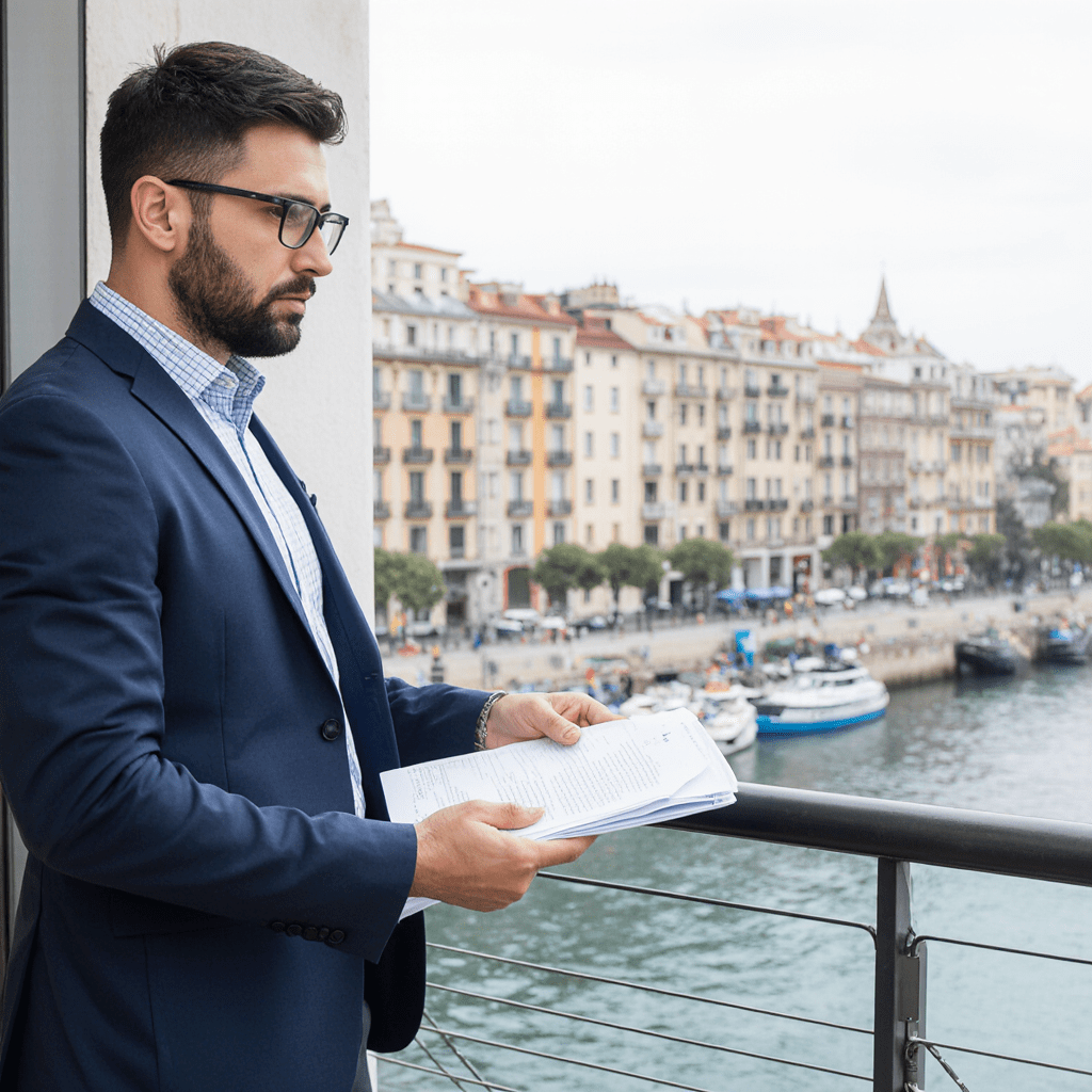 Mano profesional sosteniendo un contrato de alquiler frente al skyline de Barcelona, simbolizando una gestión inmobiliaria sin problemas y con seguridad.